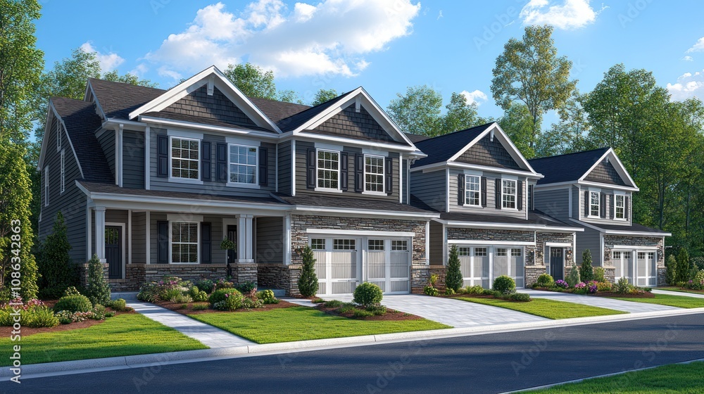 Modern suburban homes with landscaped yards and driveways. Modern suburban homes with landscaped yards and driveways.