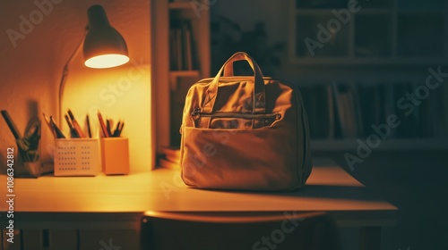 Wallpaper Mural A tan backpack sits on a desk in a dimly lit room. Torontodigital.ca