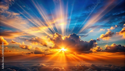 Sunset sun rays shining through clouds from above , sunset, sun rays, clouds, sky, above, nature, colorful, atmospheric