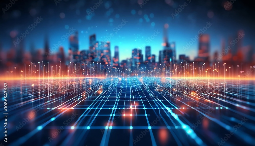 A futuristic city skyline with glowing digital grids and light trails, representing technology and innovation in a vibrant urban setting. A futuristic city skyline with glowing digital grids and light trails, representing technology and innovation in a vibrant urban setting.