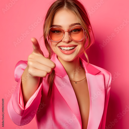 A smiling young woman in a pink blazer and sunglasses poses playfully against a vibrant pink background.