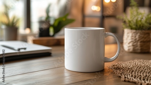 White 15 Oz Mug Mockup on Cozy Minimalistic Background with Soft Neutral Tones, Perfect for Branding, Custom Designs, and Product Display Concepts