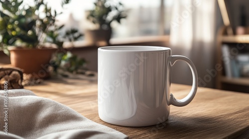 White 15 Oz Mug Mockup on Cozy Minimalistic Background with Soft Neutral Tones, Perfect for Branding, Custom Designs, and Product Display Concepts