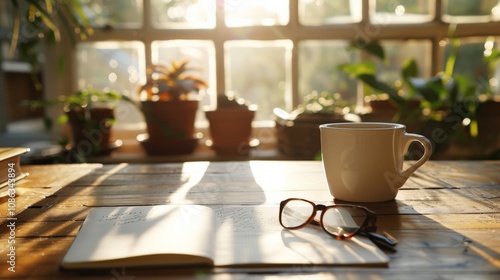 Wallpaper Mural Open desk planner with a cup of coffee and glasses, morning light streaming in Torontodigital.ca