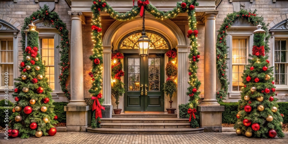 Festive Christmas decorations at the entrance of a grand house , Christmas, festive, decorations, front entrance, large house, holiday Festive Christmas decorations at the entrance of a grand house , Christmas, festive, decorations, front entrance, large house, holiday