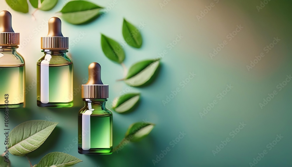 Three glass dropper bottles filled with green liquid are surrounded by fresh leaves on a soft, gradient background, evoking a natural and soothing vibe. Three glass dropper bottles filled with green liquid are surrounded by fresh leaves on a soft, gradient background, evoking a natural and soothing vibe.