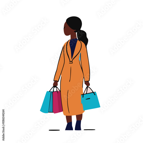 The continuous line of women holding paper bags shopping concept.