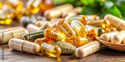 A stock photo of Vitamin B12 supplement capsules and tablets , Vitamin, B12, supplement, capsules, tablets photo