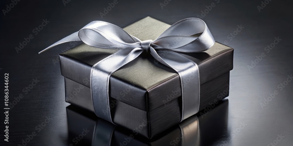 Elegant black and silver gift package tied with a ribbon , chic, luxury, present, celebration, festive, decoration Elegant black and silver gift package tied with a ribbon , chic, luxury, present, celebration, festive, decoration