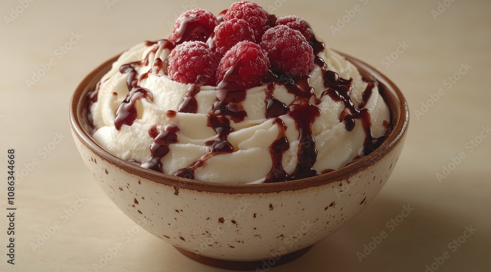 Creamy dessert with chocolate sauce and fresh raspberries in a bowl. Creamy dessert with chocolate sauce and fresh raspberries in a bowl.