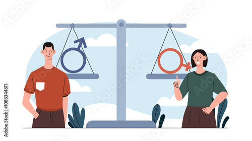 People with gender equality. Man and woman near scales with gender signs. Feminism and equality, tolearnce. Stop sex discrimination. Flat vector illustration isolated on white background