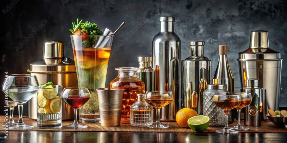 Stylish home bar setup with an assortment of spirits, cocktail shakers, and accessories, home bar, spirits, cocktails