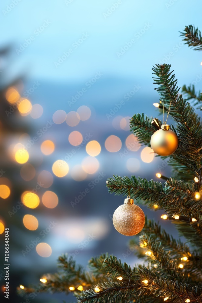 Obraz premium A festive Christmas tree adorned with colorful ornaments, twinkling lights and a shining star, radiating warmth and holiday cheer in a cozy setting.