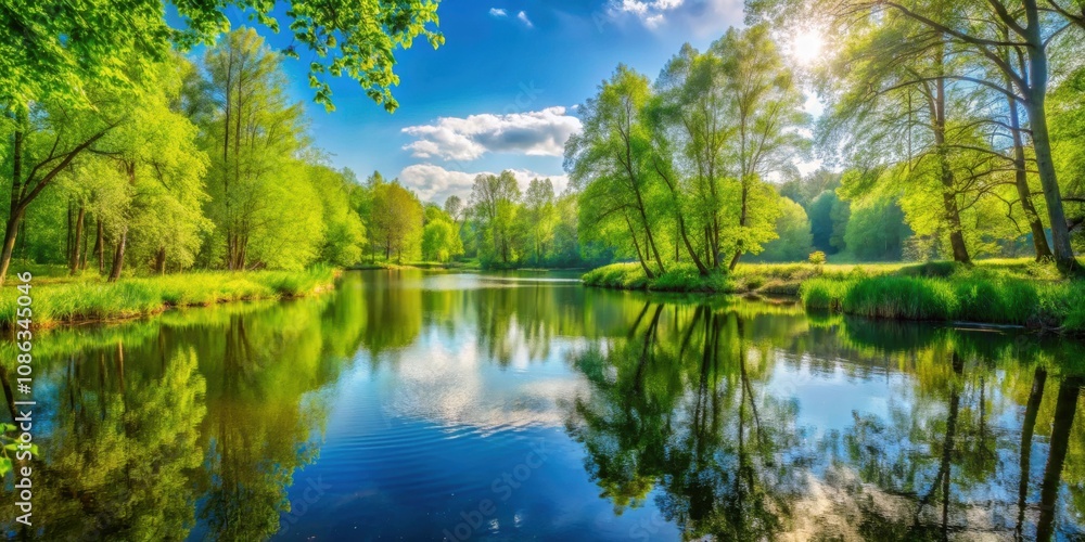 Peaceful forest and pond in a vibrant spring or summer landscape, nature, trees, greenery, peaceful, serene, pond, reflection Peaceful forest and pond in a vibrant spring or summer landscape, nature, trees, greenery, peaceful, serene, pond, reflection