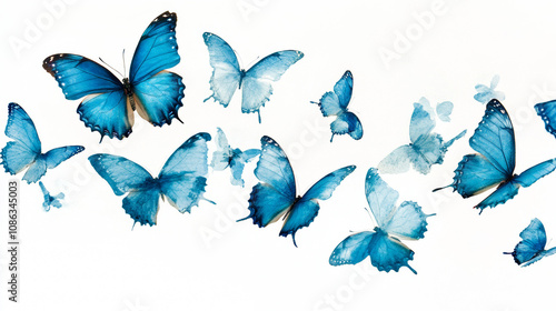 Many blue butterflies flying in air on white background