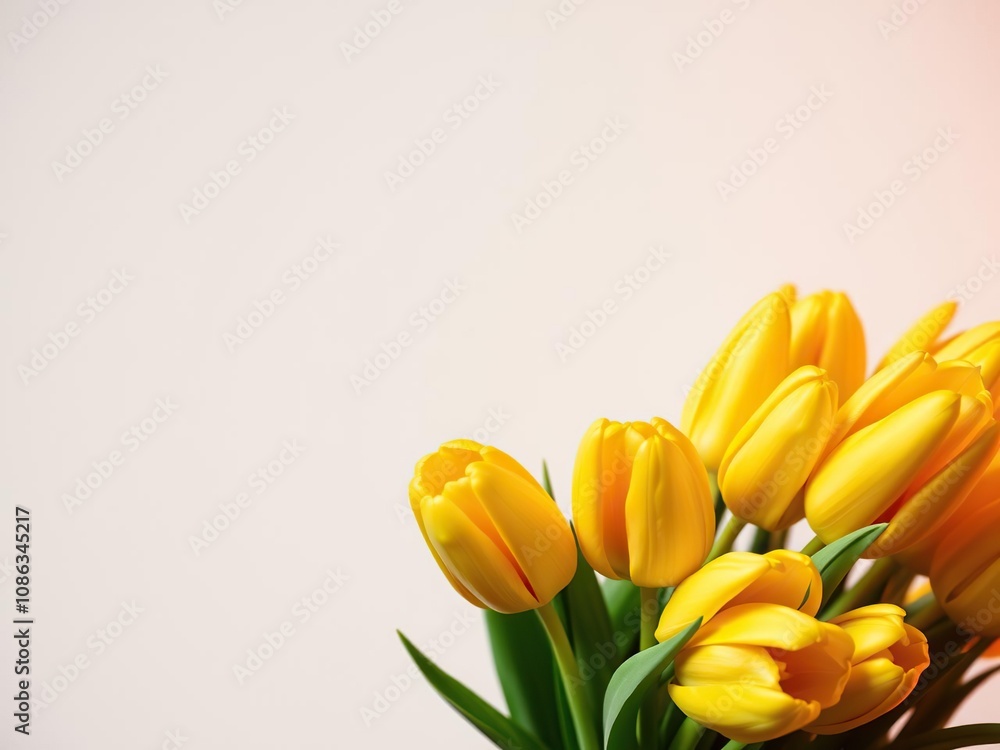 Bouquet of yellow tulips with orange lighting, ambiance, fresh cut