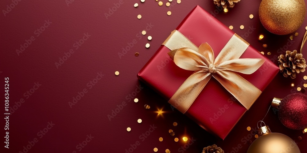 A festive display of beautifully wrapped Christmas presents adorned with luxurious gold ribbons and sparkling ornaments, set against a vibrant red backdrop. A festive display of beautifully wrapped Christmas presents adorned with luxurious gold ribbons and sparkling ornaments, set against a vibrant red backdrop.