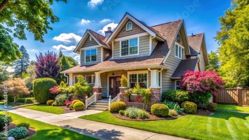 Cozy residential house in a USA neighborhood on a sunny summer day, residential, house, USA, neighborhood, cozy, summer, day