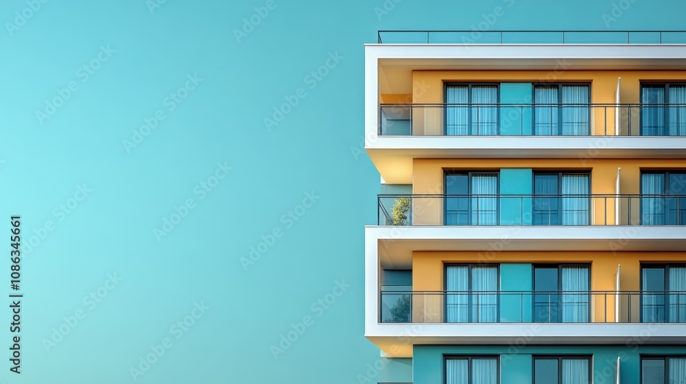 Modern residential building with balconies and clear blue sky. Modern residential building with balconies and clear blue sky.