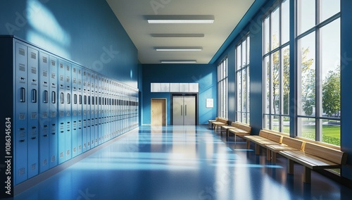 Serene School Corridor: Sunlit Hallway with Lockers and Benches