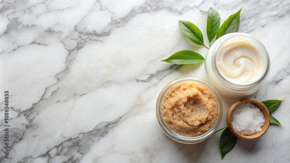 Natural body scrub and face cream on marble background, skincare, beauty, health, spa, organic, wellness, exfoliate Natural body scrub and face cream on marble background, skincare, beauty, health, spa, organic, wellness, exfoliate