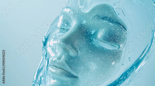 3D sample for water gel face mask cleanser with glitter fashion shiny futuristic background. poster for skin care applying procedure cosmetology cosmetic beauty spa salon relaxing blue silver post
