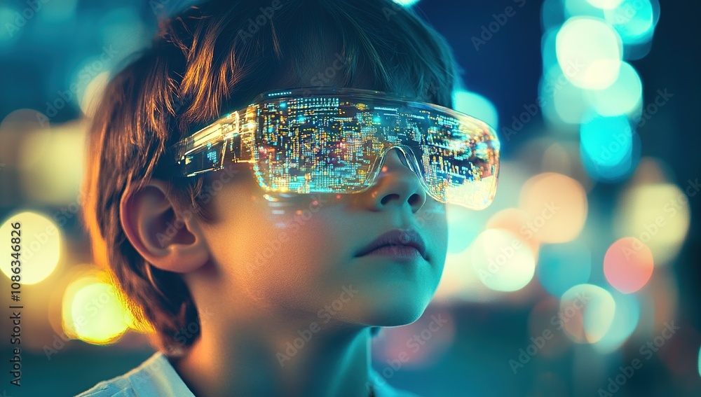 Child Exploring Futuristic Technology in a City at Night Child Exploring Futuristic Technology in a City at Night