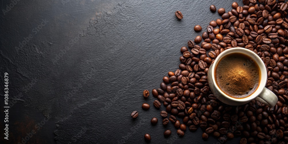Coffee cup surrounded by ground coffee and beans on a dark surface, coffee, cup, drink, beverage, beans, ground, aromatic, espresso Coffee cup surrounded by ground coffee and beans on a dark surface, coffee, cup, drink, beverage, beans, ground, aromatic, espresso