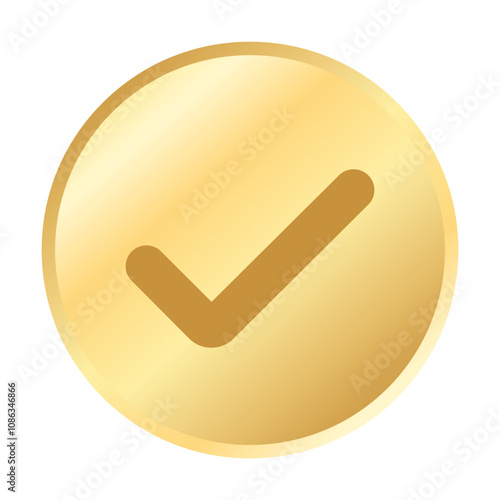 Golden Check mark label ,Gold Round Circle shiny sticker Badge with tick icon, Approved Label, Supplement, Quality Control Symbol ,correct or yes sign ,vector element