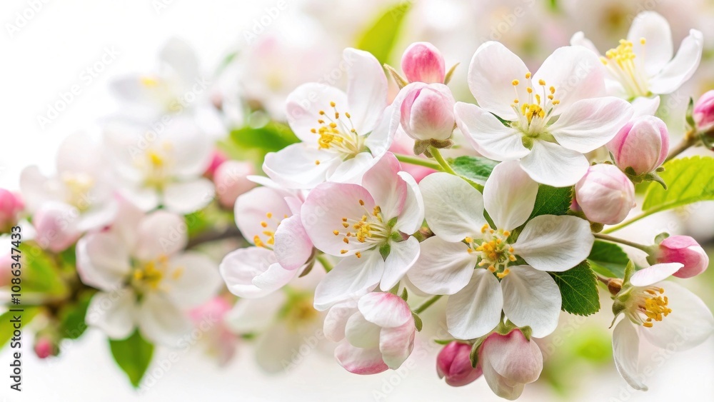 Close-up of delicate apple tree flowers isolated on white background, spring, bloom, blossoms, petals, nature, white Close-up of delicate apple tree flowers isolated on white background, spring, bloom, blossoms, petals, nature, white