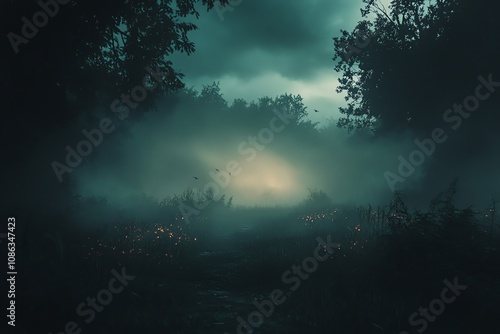 A mysterious forest path winds through dense fog towards a faint light in the distance. The path is lined with tall trees on both sides, and the air is thick with mist.