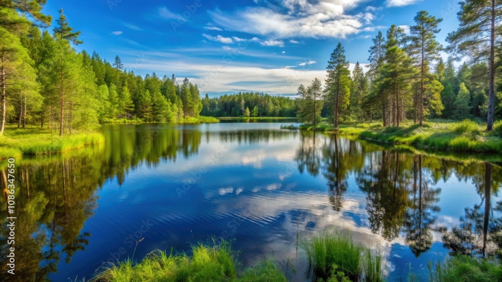 Tranquil small lake surrounded by lush greenery in Northern Sweden during summer, nature, landscape, Sweden, Scandinavia Tranquil small lake surrounded by lush greenery in Northern Sweden during summer, nature, landscape, Sweden, Scandinavia