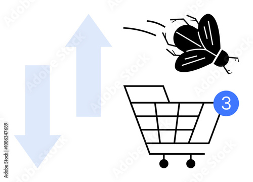 Shopping cart with a 3 notification badge, large flying insect, and blue up and down arrows indicating change. Ideal for retail, e-commerce, alerts, inventory updates, changes, consumer behavior