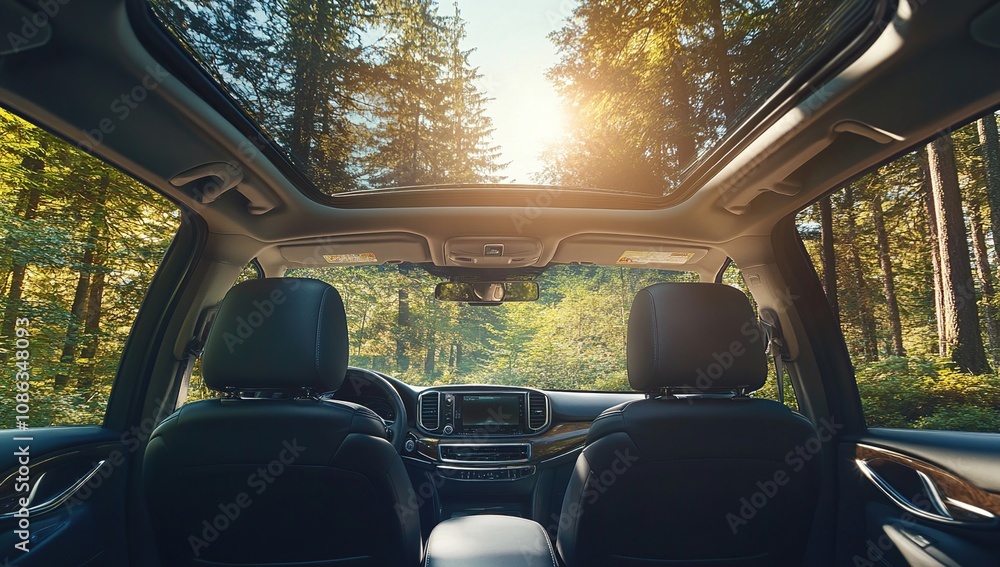 Fototapeta premium Sunlit Forest Drive: Panoramic View from a Car's Interior
