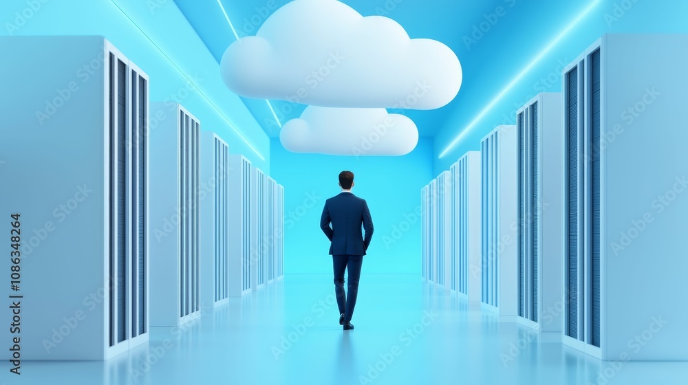 privacy anonymity trust concept, A businessman walks through a data center, symbolizing cloud computing and digital transformation in a futuristic environment. privacy anonymity trust concept, A businessman walks through a data center, symbolizing cloud computing and digital transformation in a futuristic environment.