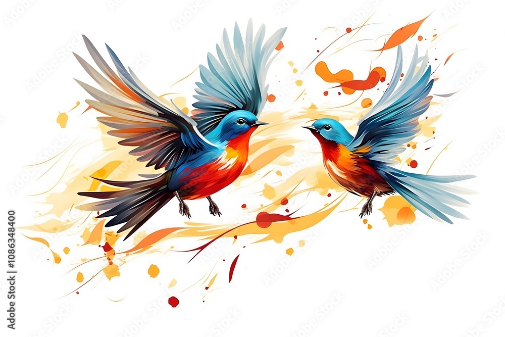 Obraz premium bird, animal, nature, flying, wildlife, illustration, wing, design, vector, feather, silhouette, beak, colourful, flight, horizontal, no people, art, black, blue, sky, tree branch, beautiful, freedom,
