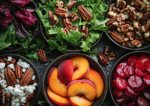 Summer salad with mixed greens, juicy grilled peaches, goat cheese, and candied pecans photo