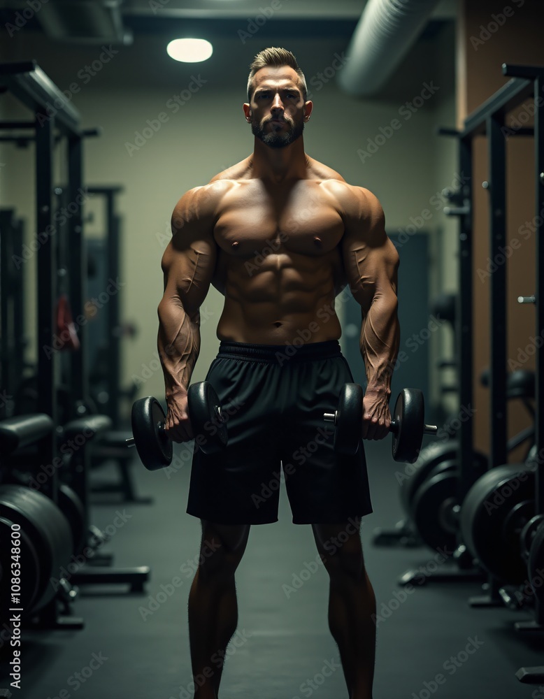 Strong, shirtless man performing weightlifting exercises with dumbbells in a professional gym setting. Perfect for bodybuilding, strength training, and fitness lifestyle imagery. Strong, shirtless man performing weightlifting exercises with dumbbells in a professional gym setting. Perfect for bodybuilding, strength training, and fitness lifestyle imagery.