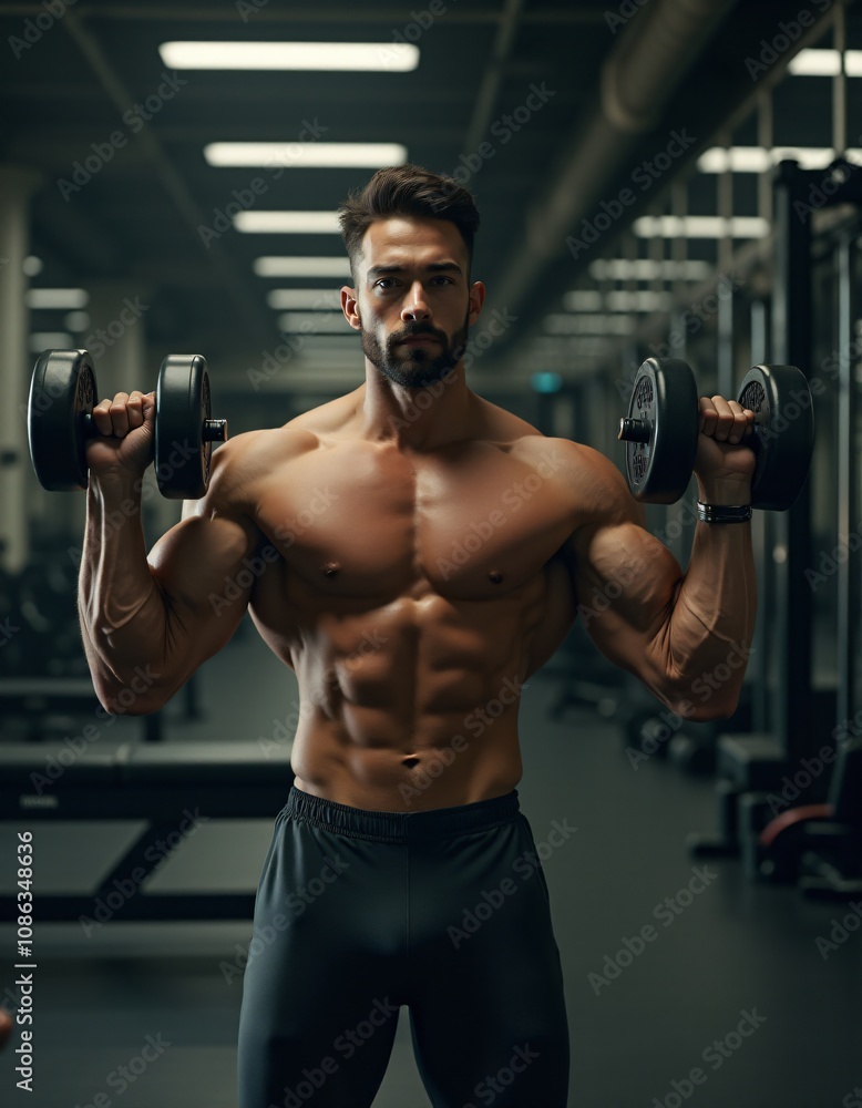Strong, shirtless man performing weightlifting exercises with dumbbells in a professional gym setting. Perfect for bodybuilding, strength training, and fitness lifestyle imagery. Strong, shirtless man performing weightlifting exercises with dumbbells in a professional gym setting. Perfect for bodybuilding, strength training, and fitness lifestyle imagery.