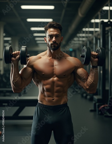 Strong, shirtless man performing weightlifting exercises with dumbbells in a professional gym setting. Perfect for bodybuilding, strength training, and fitness lifestyle imagery.