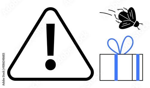 Warning triangle with exclamation mark, flying insect, and wrapped gift box with bow. Ideal for safety alerts, cautionary messages, holiday warnings, pest control, hazard notifications, surprise