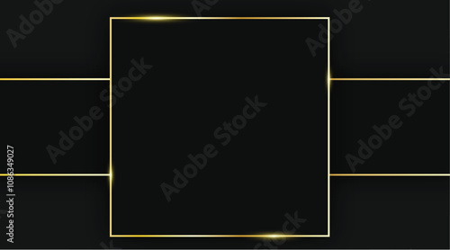 Elegant black background with glowing golden frame and horizontal lines for luxurious and minimal design decoration