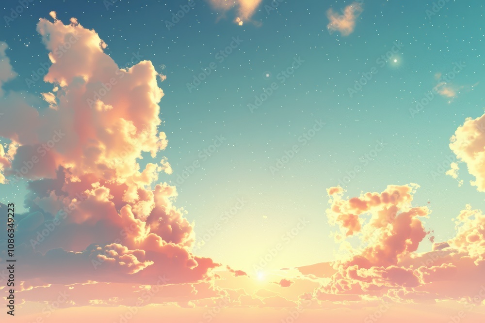 Fototapeta premium A breathtaking sunset with fluffy clouds and a starry sky