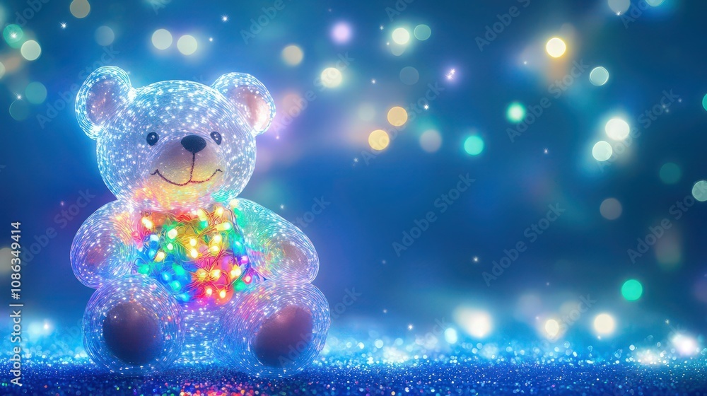 A transparent teddy bear filled with rainbow-colored fairy lights, placed on a bright blue glitter background, casting colorful sparkles around the scene A transparent teddy bear filled with rainbow-colored fairy lights, placed on a bright blue glitter background, casting colorful sparkles around the scene