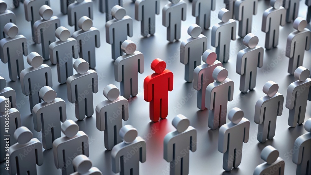 Distinct red figure standing out among grey figures, individuality, uniqueness, standing out, leadership, contrast Distinct red figure standing out among grey figures, individuality, uniqueness, standing out, leadership, contrast