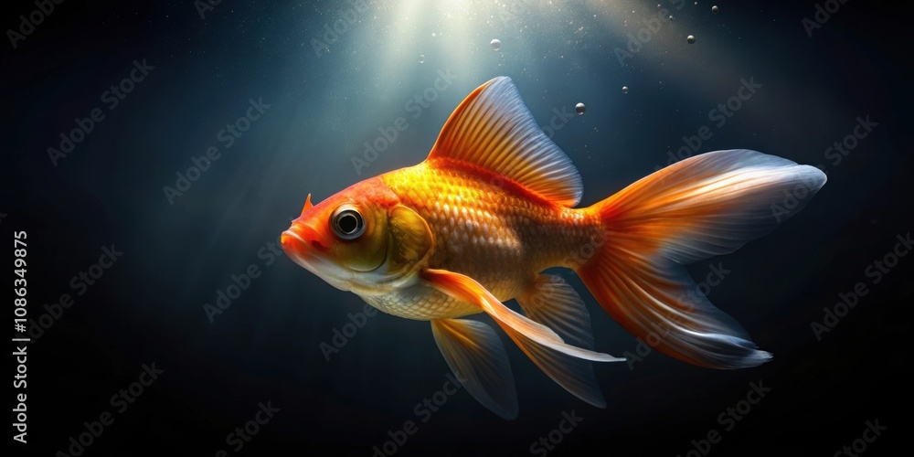 Goldfish swimming alone in a dark black background, solitude, isolation, underwater, aquatic, pet, fish tank, gold, shiny Goldfish swimming alone in a dark black background, solitude, isolation, underwater, aquatic, pet, fish tank, gold, shiny