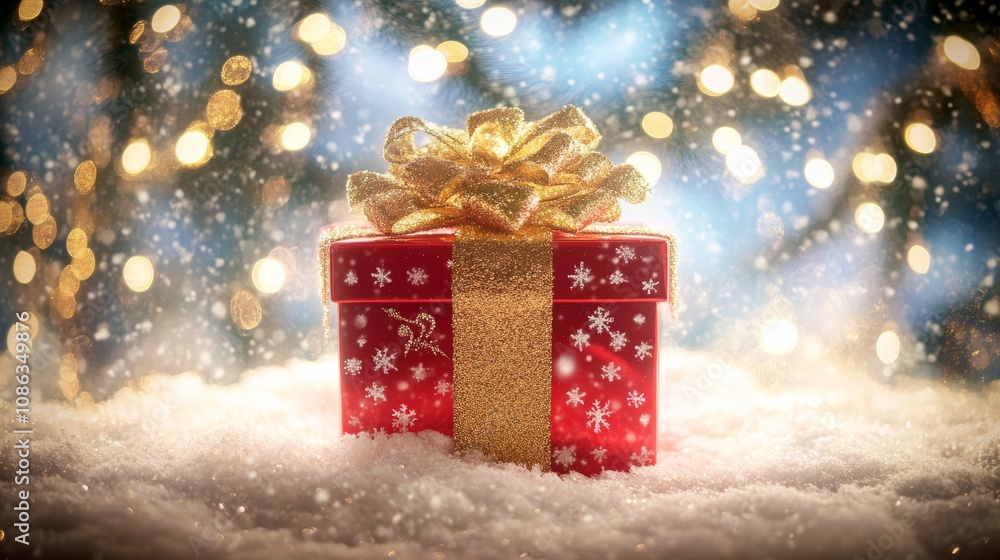 A vibrant red gift box adorned with a shimmering gold bow, nestled in a blanket of soft white snow, radiating festive cheer and warmth. A vibrant red gift box adorned with a shimmering gold bow, nestled in a blanket of soft white snow, radiating festive cheer and warmth.