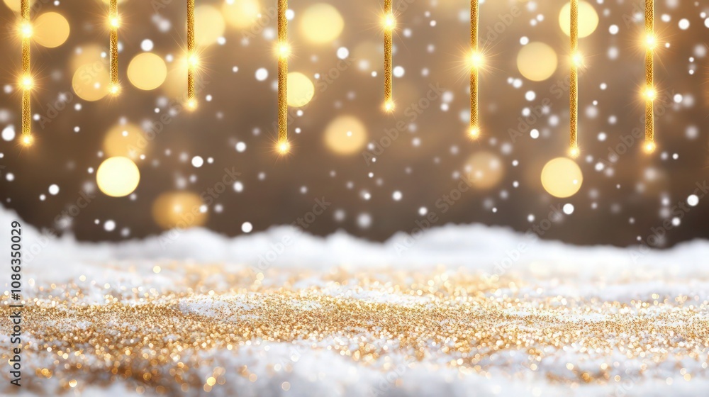 Obraz premium A crisp winter background with snow-covered ground sparkling with gold glitter, while golden bokeh lights glow softly in the background.