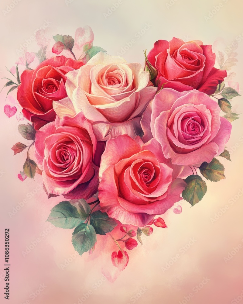 A stunning arrangement of vibrant roses forms a heart shape, beautifully set against a soft pink background, radiating love and romance. A stunning arrangement of vibrant roses forms a heart shape, beautifully set against a soft pink background, radiating love and romance.