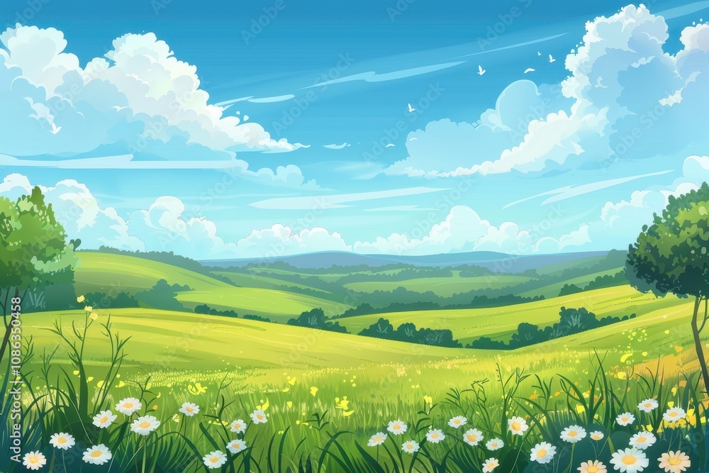 Lush Green Meadow with Rolling Hills and Blue Sky Lush Green Meadow with Rolling Hills and Blue Sky